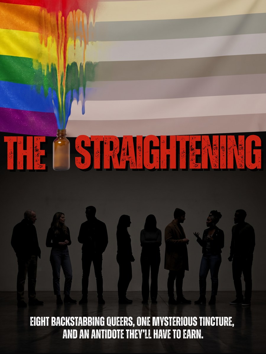 The Straightening key art: a Pride flag draining its color into a tincture bottle above eight silhouetted figures